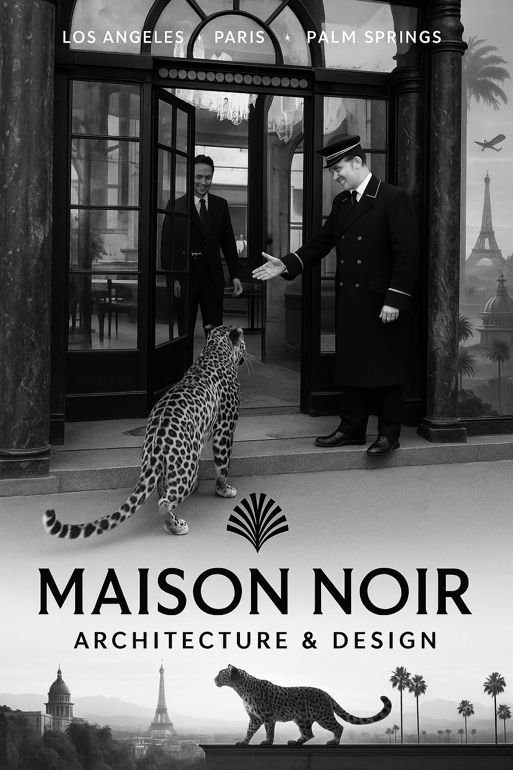 Maison Noir Architecture and Design: two spotted cats, an elegant entrance and a welcoming doorman, framed by Parisian architecture and palms.
